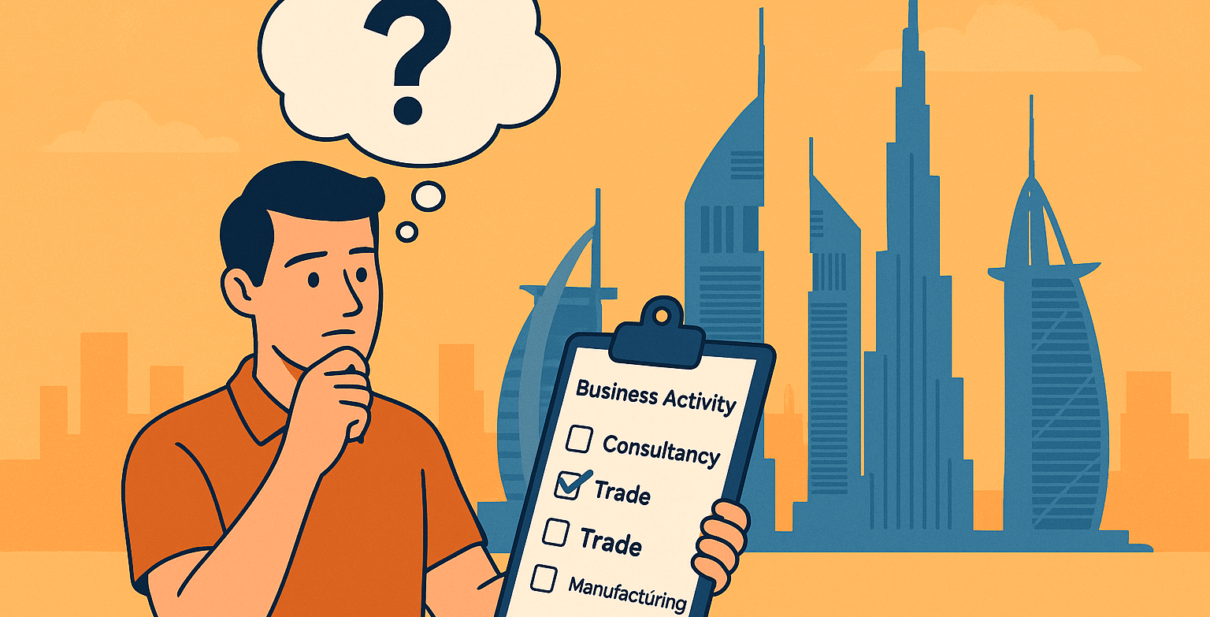 A creative flat-style illustration showing a thoughtful man in an orange polo shirt reviewing a clipboard labeled "Business Activity" with options like Consultancy, Trade, and Manufacturing. A large question mark hovers in a thought bubble above his head, with the modern Dubai skyline in the background, representing the decision-making process involved in selecting and registering a business activity in the UAE