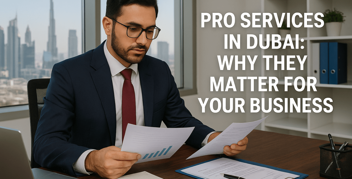 A Middle Eastern businessman in a modern Dubai office reviews legal documents at his desk, with the Burj Khalifa visible through the window.