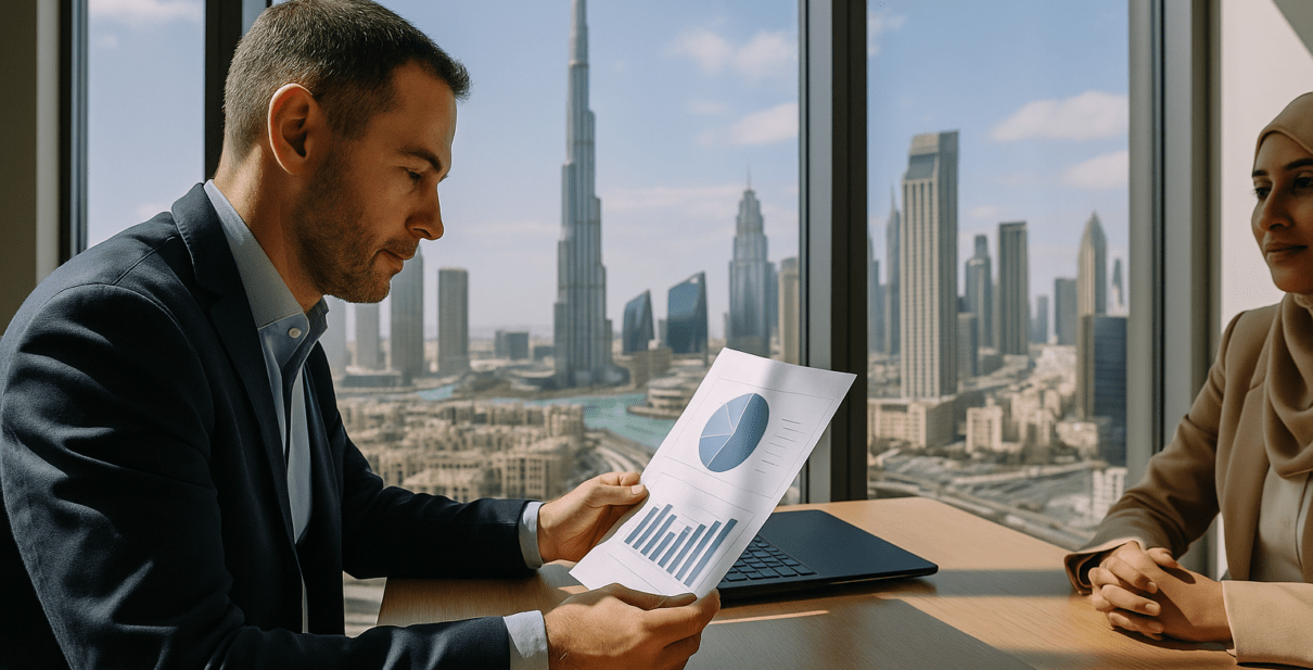 Businessman analyzing financial charts in a Dubai office with Burj Khalifa in the background