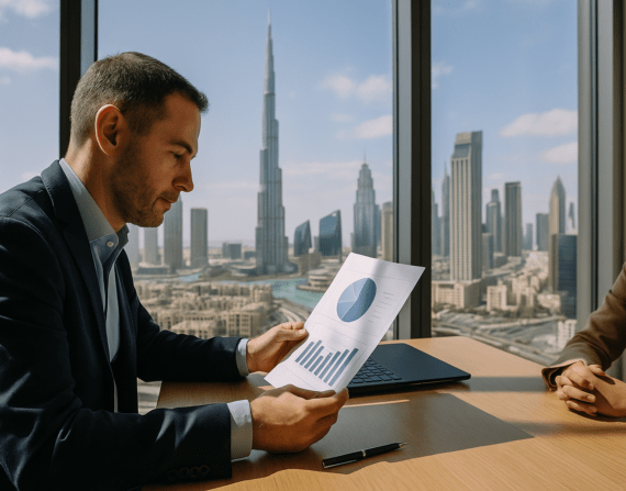 Businessman analyzing financial charts in a Dubai office with Burj Khalifa in the background