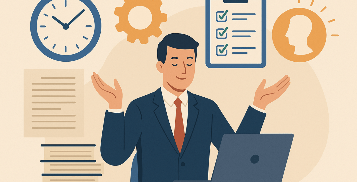 A flat-style digital illustration of a calm businessman in a suit sitting at a desk with a laptop, hands raised in a relaxed posture. Surrounding him are icons representing time-saving and efficiency: a clock, checklist, gear, documents, and a glowing human profile. The image visually conveys the stress relief, time efficiency, and productivity benefits of outsourcing PRO services in Dubai’s fast-paced business environment