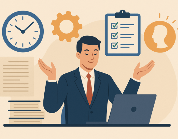 A flat-style digital illustration of a calm businessman in a suit sitting at a desk with a laptop, hands raised in a relaxed posture. Surrounding him are icons representing time-saving and efficiency: a clock, checklist, gear, documents, and a glowing human profile. The image visually conveys the stress relief, time efficiency, and productivity benefits of outsourcing PRO services in Dubai’s fast-paced business environment